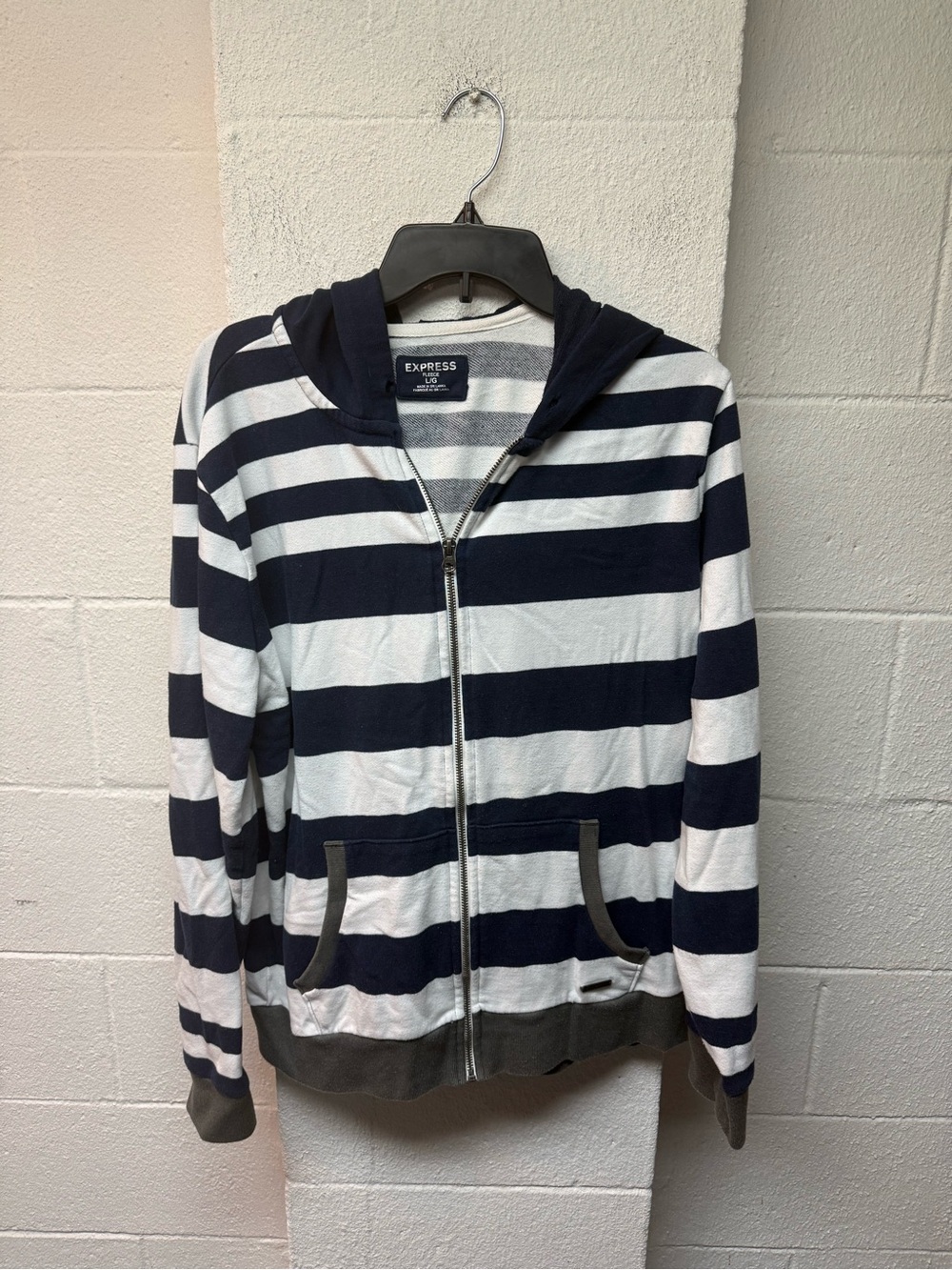 Express Striped Navy and White Zip-Up Hoodie